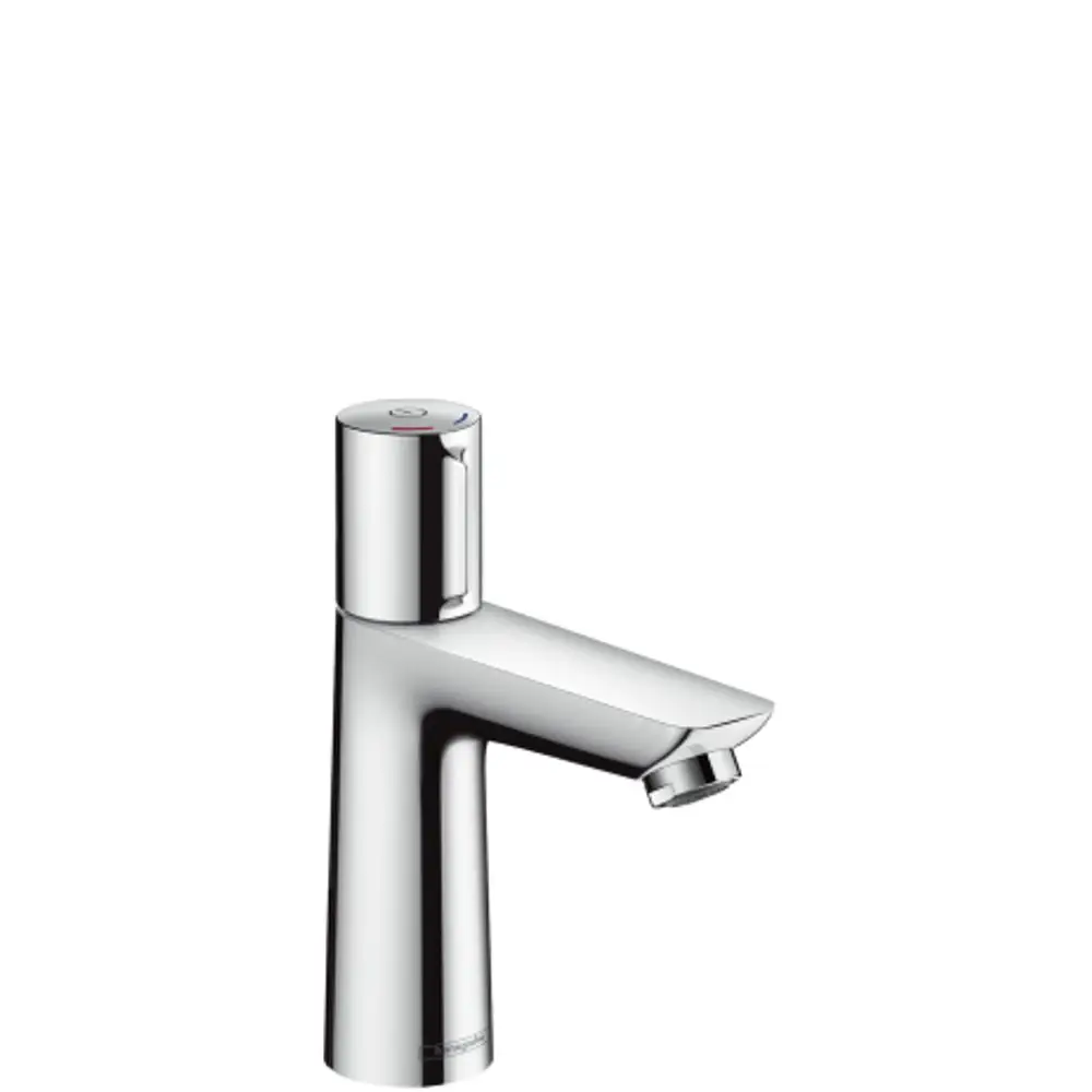 Waschtischmischer von Hansgrohe in Chromfinish mit einem schlanken, modernen Design. Er verfügt über einen einfachen Bedienhebel und einen Auslauf zum Wasserlassen.